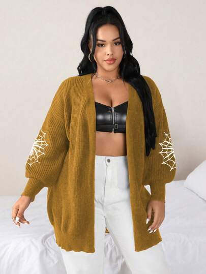 Flirla Plus Size Women Casual Loose Mid-Length Sweater, Halloween Lantern Sleeve Spider Embroidery Sophisticated Design, Solid Color Cardigan, For Winter Fall Cloth For Women