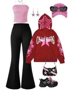 SHEIN 3 件套青少年女孩星星图案印花针织连帽夹克、背心和喇叭裤套装，秋季 - 紅色 - 查看 1
