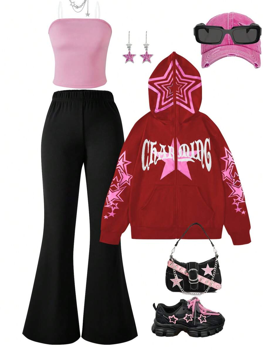 SHEIN 3 件套青少年女孩星星图案印花针织连帽夹克、背心和喇叭裤套装，秋季 - 紅色 - 查看 1