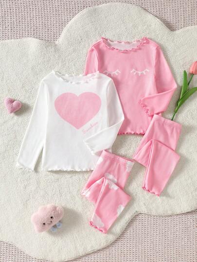 SHEIN 2pcs Baby Girl Cute Simple Heart & Cloud Pattern Ruffled Trim Round Neck Long Sleeve Top And Pants Soft Comfortable Pajama Set, Suitable For Daily Wear, Events, Holidays And Family Gatherings