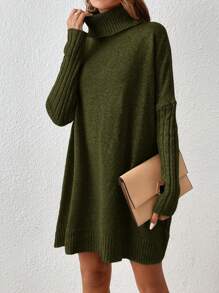 SHEIN Clasi Solid Color Turtleneck Ribbed Batwing Sleeves Sweater Dress - Army Green - View 4