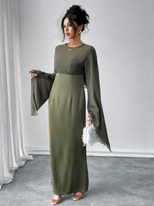 Chiquease Vestido largo de manga larga y murciélago para mujer, de unicolor, sexy y casual de gasa con lazo en la cintura, para otoño/invierno