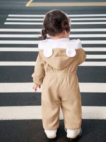 SHEIN Newborn Baby Girls Thermal Lined Hooded Jumpsuit, Contrast Color, Warm For Autumn/Winter