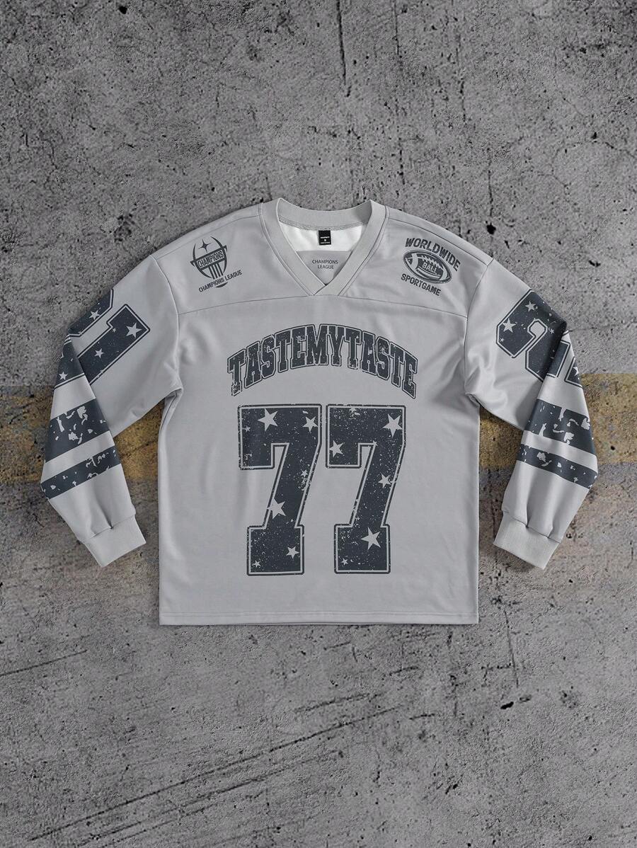 Manfinity Campus Court 美学邮报——男士休闲字母数字印花套头卫衣，秋季 - 彩色 - 查看 1