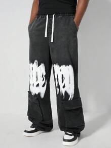 ROMWE MEN Street Life Men's Letter Print Drawstring Loose Casual Baggy Denim Jeans