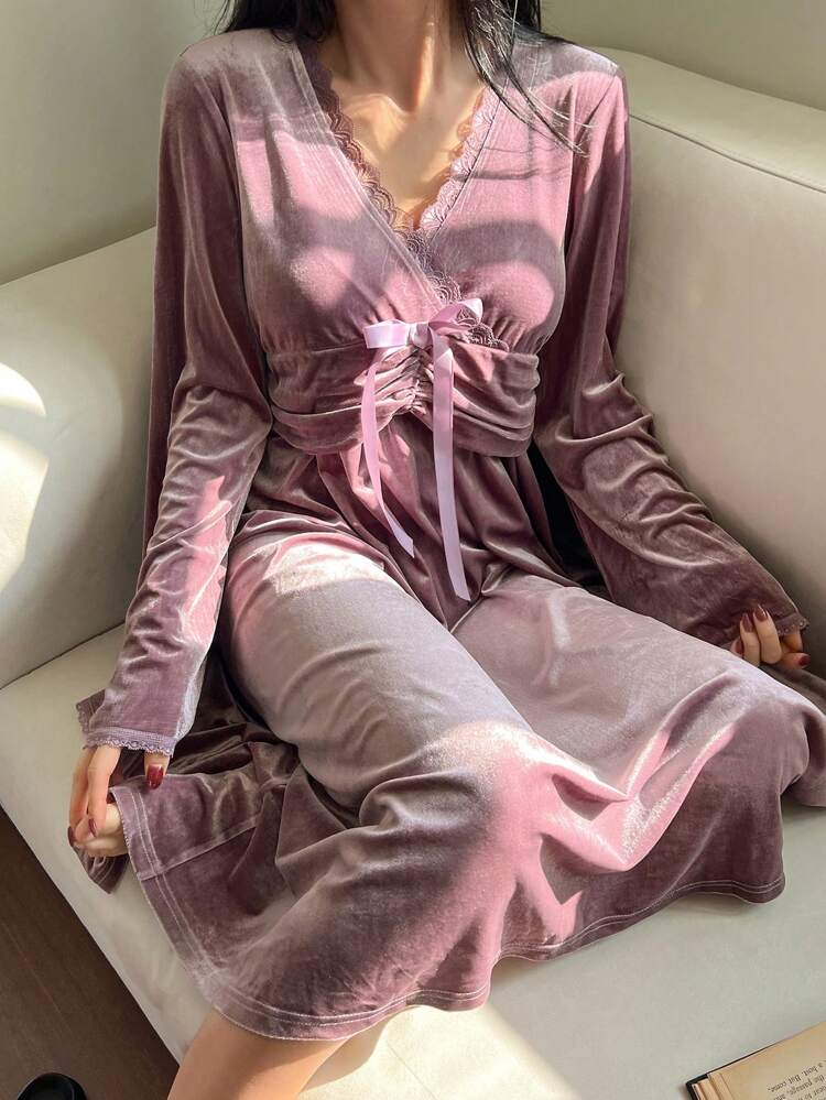 Women's Long Sleeve Romantic Velvet & Lace Patchwork Ruched Waist Nightgown Pajama