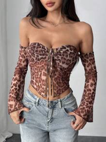 INAWLY 1pc Women Retro Leopard Print Flared Sleeve Blouse
