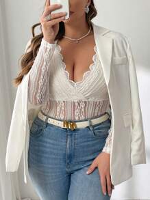 SHEIN Privé Plus Size Elegant Lace V-Neck Bodysuit, Slim Fit Long Sleeve For Autumn/Winter
