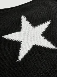 SHEIN MOD 不对称领口长袖星星图案黑色毛衣、短款女式毛衣、黑白毛衣、返校节毛衣、冬装、寒冷天气服装 - 黑色 - 查看 4
