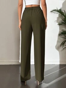SHEIN Tall 女款休閒純色直筒長褲，適合高個女性 - 軍綠色 - 查看 2