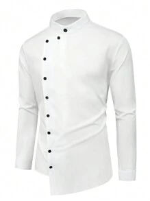 Manfinity Homme Men's Business Casual Simple Solid Stand Collar Long Sleeve Plain Work Shirt, Spring/Autumn, For Husband