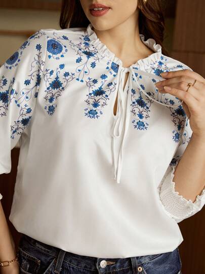 Elaquor Blusa de verano con estampado floral, cuello con lazo, manga de puño fruncido, talla grande