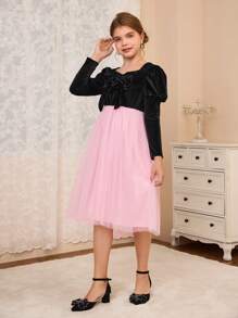 Tween Girls Velvet Bow Gigot Sleeve Mesh Panel Dress - Pink - View 3
