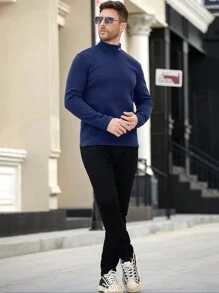 Manfinity CasualCool Men Casual Long Sleeve Minimalist Letter Embroidery T-Shirt Everyday Wear, For Going Out, For Husband - Navy Blue - View 5