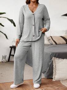 Calvaya Plus Size Women Solid Color Single-Breasted Long Sleeve Jacket And Pants Ribbed Knit Set, Autumn/Winter - Light Grey - View 6
