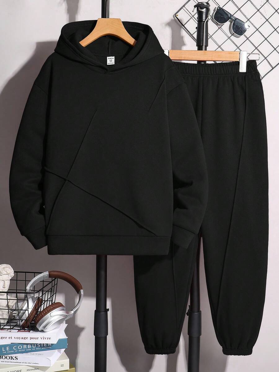 SHEIN Leap Crew Bộ 2 quần áo nỉ trùm đầu và quần dài cho bé trai tuổi mới lớn, phù hợp, đa năng, chất liệu nỉ dày, thích hợp cho mùa thu/đông - màu đen - Xem 1