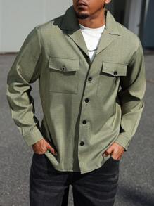 Manfinity Homme Plus Size Men Military Green Lapel Collar Thin Casual Going Out Shacket, For Friends, Husband, Boyfriend Gifts, Fall