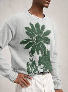 AKNOTIC Business Casual Men Loose Fit Dropped Shoulder Crew Neck Pullover Sweater, Casual Floral Intarsia Knitted Long Sleeve, Soft Fuzzy Fleece, Suitable For Autumn/Winter, Gray Color Blocking