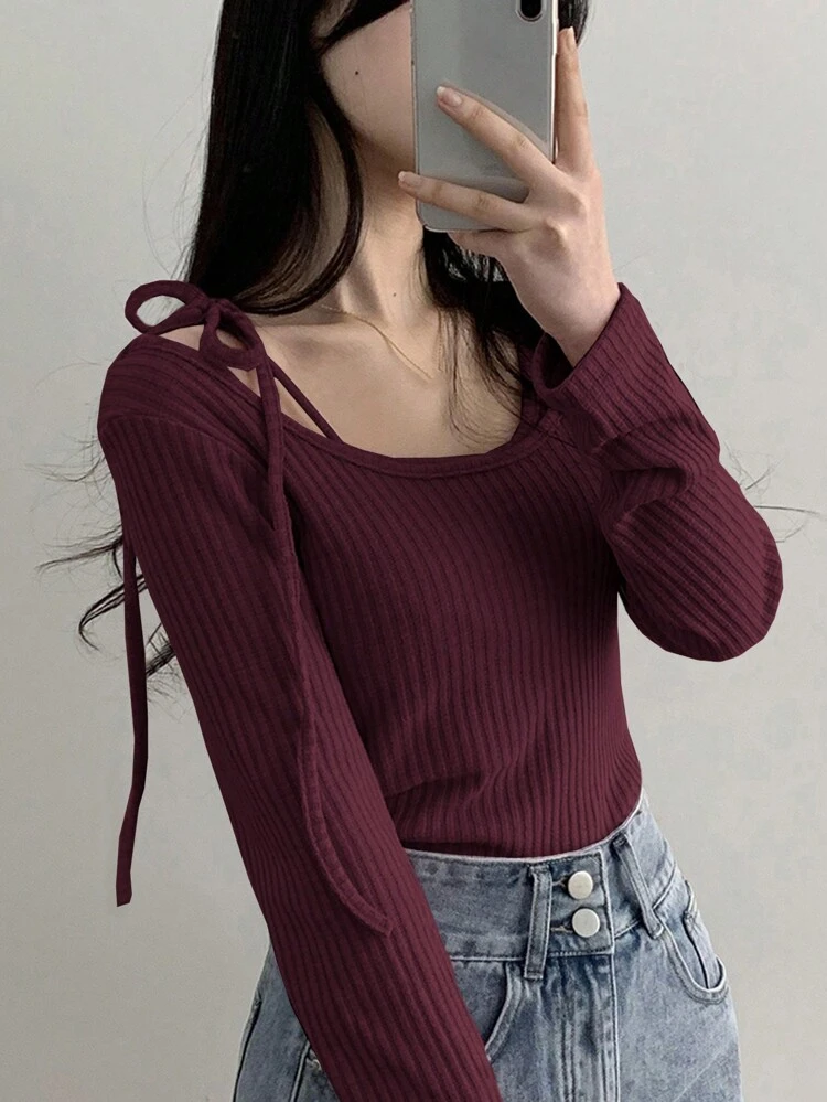 Women's Round Neck Twist Rib-Knit Long Sleeve 2 In 1 T-Shirt,Fall Clothes
