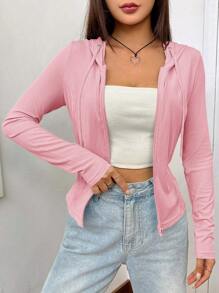 SHEIN EZwear 粉色拉链抽绳连帽运动衫 - 粉色 - 查看 7