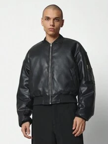 SUMWON Premium Faux Leather Bomber Jacket Cropped Fit High End Design Urban Streetwear Outerwear Fall Winter Zip Up Classic Modern Fashion Essential
