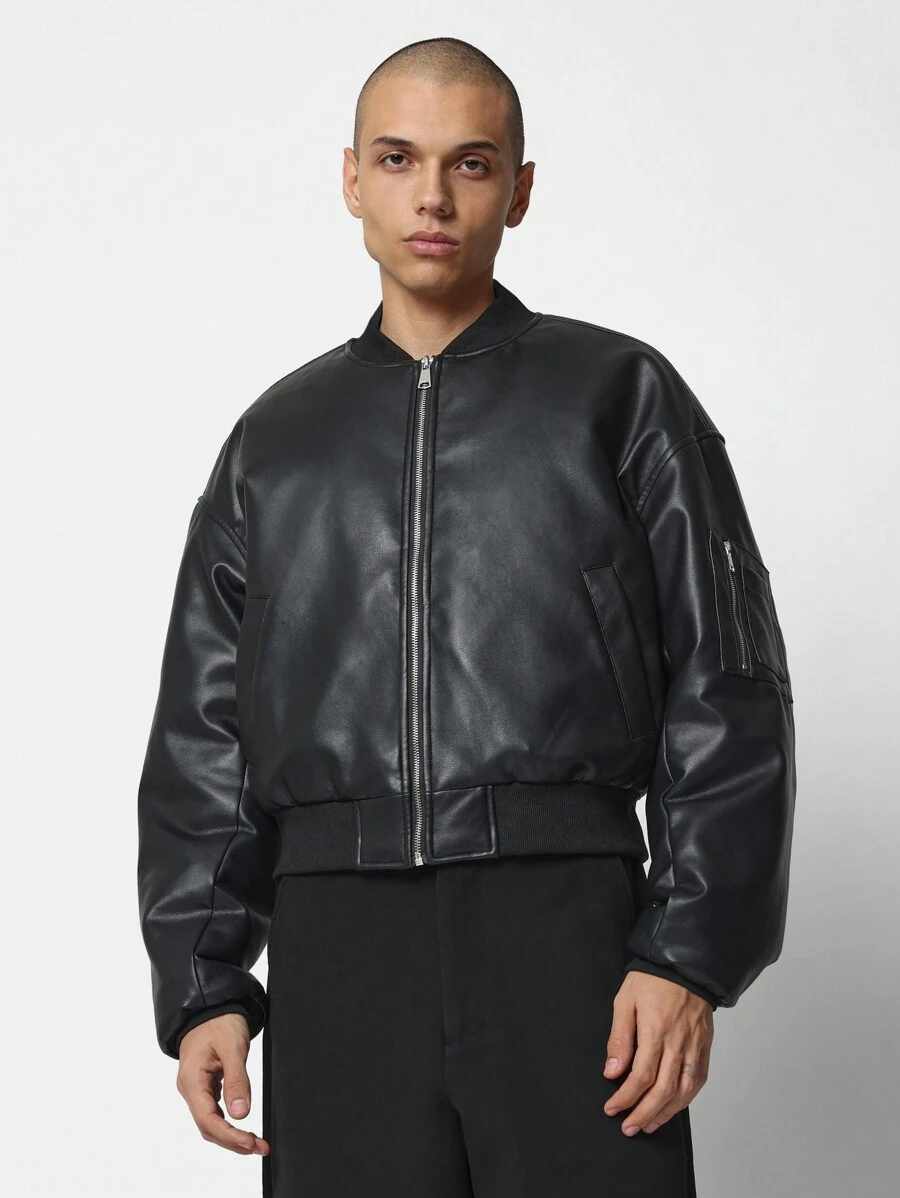 SUMWON Premium Faux Leather Bomber Jacket Cropped Fit High End Design Urban Streetwear Outerwear Fall Winter Zip Up Classic Modern Fashion Essential