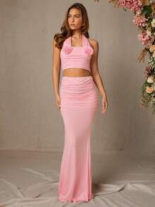 L'Amorae Ropa de invierno para mujer, falda larga elegante de unicolor rosa con volumen en la cintura alta y diseño de cola de pez para boda, fiestas, eventos formales