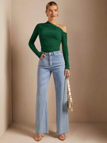 SHEIN BAE 1pc Asymmetric Ruched Sheer Fitted Solid Color Blouse