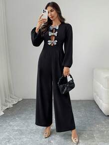 Firerie Eleganter Jumpsuit für Damen mit Rundhalsausschnitt, Ballonärmeln und Knopfverschluss, für Frühling & Sommer