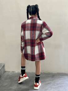 SHEIN Explorewe Tween Girl Street Style, Plaid Shirt And Letter Print Romper Two-Piece Set, Perfect For Outdoor Wear,Suitable For School And Outdoor Activities - Burgundy - View 8