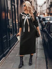 SHEIN LUNE Plus Size Women Jednolity Kolor Dzianinowy Kokarda Perły Haft Długi Rękaw Sweter Sukienka Casual/Święto, Jesień/Zima