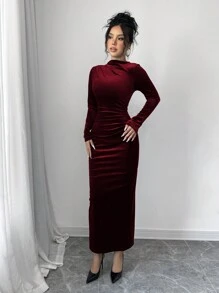 Selianne Women Elegant Velvet Asymmetric Ruffle Split Hem Dress Burgundy Maxi Women Outfit Fall Cloth For Women
