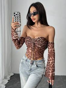 INAWLY 1pc Women Retro Leopard Print Flared Sleeve Blouse