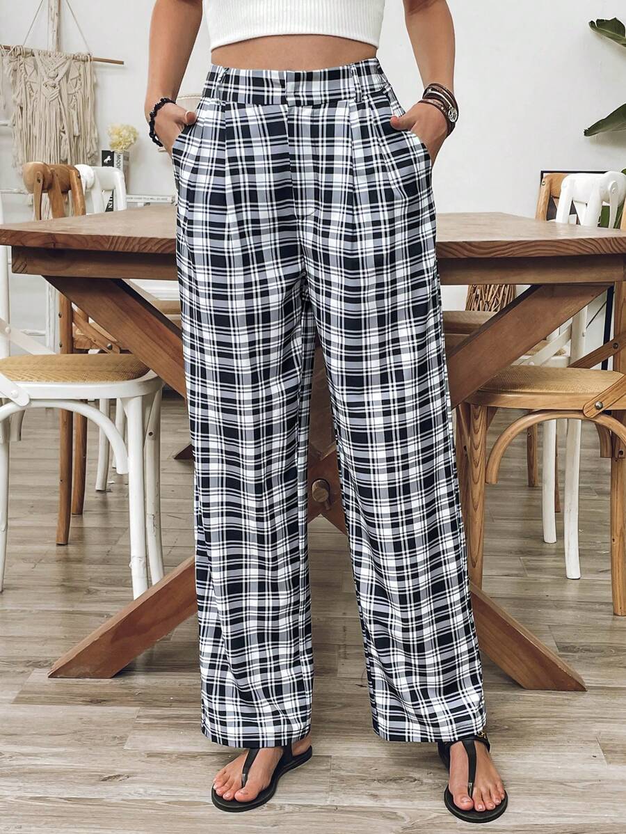 SHEIN VCAY Casual Simple Plaid Straight-Leg Pants For Commuting - Black - View 1