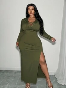 Slaydiva Elegant & Casual Basic Tight-Fitted Solid Color V-Neck Tie Knot Hem High-Slit Long Sleeve Dress, Plus Size Women, Spring/Autumn - Army Green - View 1