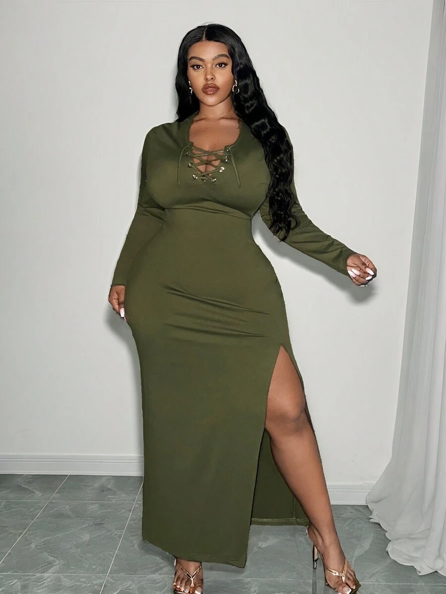 Slaydiva Elegant & Casual Basic Tight-Fitted Solid Color V-Neck Tie Knot Hem High-Slit Long Sleeve Dress, Plus Size Women, Spring/Autumn - Army Green - View 1
