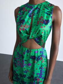 Maija 花卉印花扭纹镂空设计女士长款无袖连衣裙，绿色，春夏节日 - 綠色 - 查看 2