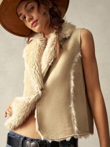 Bohemela 1pc Women Sleeveless Collared Fluffy Lining Fitted Vest Jacket, For Vacation - Camel - View 9