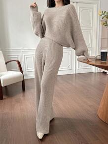 DAZY 2 件套女士纯色蝙蝠袖毛衣和裤子，秋冬