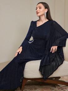 Modelyn 1pc Women's Asymmetrical Neckline Pleated Flare Sleeve Glitter Long Dress Long Evening Dresses