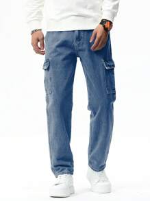 Manfinity Hypemode Men's Solid Color Zipper Pocket Casual Denim Cargo Jeans - Medium Wash - View 4