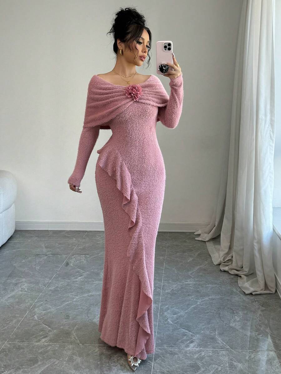 Modelyn 1 pieza Vestido maxi asimétrico con volantes y ajustado de hombros descubiertos para mujer, vestido de noche largo