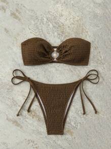 SHEIN Swim 夏季女士纯色金属装饰吊带性感比基尼套装 - 棕色 - 查看 3