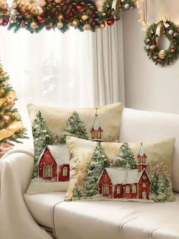1pc Capa de Almofada de Natal Vintage - Árvore de Natal e Design de Casa, Fecho com Zíper, Decoração Lavável para Decoração de Sala de Estar