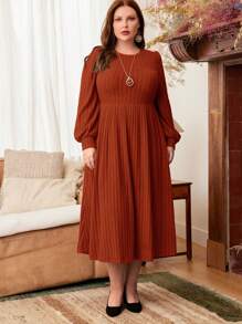 EMERY ROSE Plus Solid Lantern Red With Sleeves Sleeve Ribbed Knit Winter Dress - Rust Brown - View 5