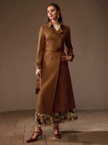 MOTF PREMIUM SUEDETTE SOLID BUCKLE BELTED DOUBLE BREASTED PLACKET LONG TRENCH COAT