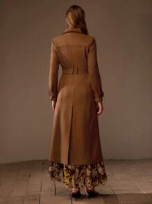 MOTF PREMIUM SUEDETTE SOLID BUCKLE BELTED DOUBLE BREASTED PLACKET LONG TRENCH COAT