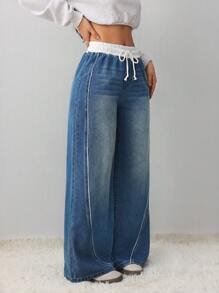 SHEIN Tall Women's Jeans Casual Loose Wide Leg Trousers Spliced ​​Waist Straight Pants Blue Tall Women's Jeans Sports Casual Pants Tall Women Pants Denim Jeans Tall Women Jeans Jeans Pants Low Rise Baggy Jeans Denim Jeans Pants - Dark Wash - View 4