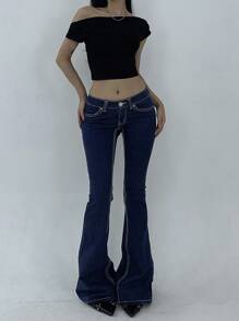 DAZY Women's Low Waist With Pockets Casual Flare Leg Jeans
