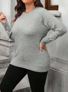 Calvaya Plus Size Women Simple Solid Color Pullover Sweater, Versatile Casual Wear, For Winter Knit Pullover Fall - Light Grey - View 4
